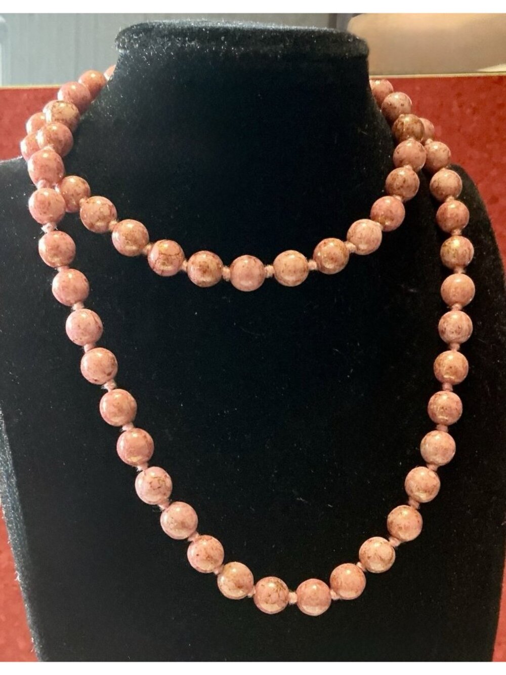Vintage Art Deco Dusty Rose Pink Czech Glass Bead Necklace Knotted